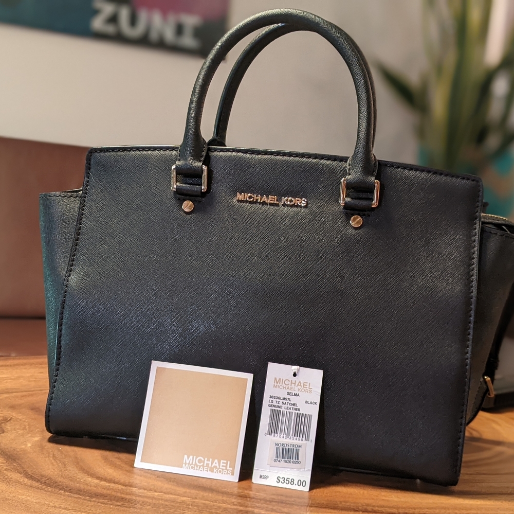 Michael Kors Selma Top Zip Large Satchel Bag Saffiano Leather Black